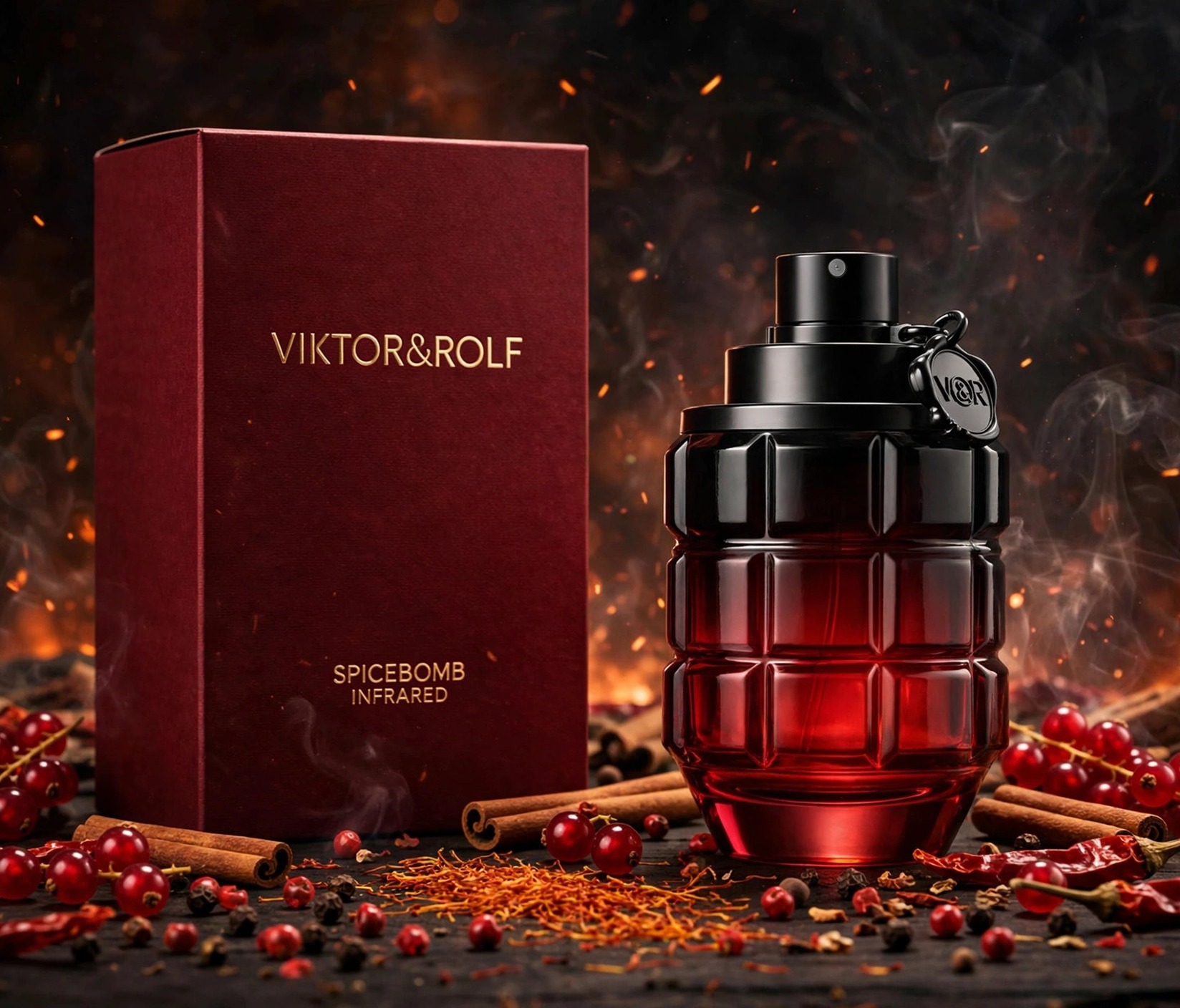 Viktor&Rolf Spicebomb Infrared red box and grenade bottle in a fiery red spice scene